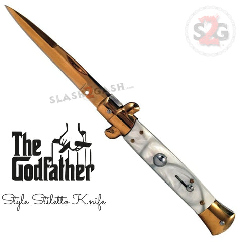 Godfather Stiletto Automatic Knife Classic Switchblade - Gold White Marble Acrylic Pearl