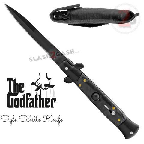 Italian Stiletto Style Switchblade Knife Automatic Classic Godfather Knives - Black Pearl Handle (BEST Spring)