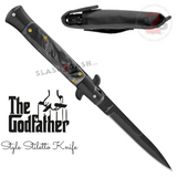 Black Blade Stiletto Switchblade Knife Automatic Classic Italian Style Godfather Knives - Marble Black Pearl Handle (BEST Spring)