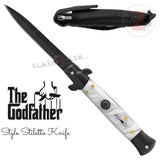 Stiletto Switchblade Knife Automatic Classic Italian Style Godfather Knives - Black Marble White Pearl Handle (BEST Spring)