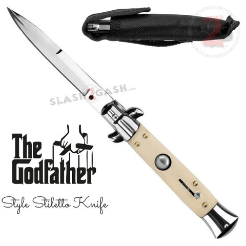 Italian Stiletto Style Switchblade Knife Automatic Classic Godfather Knives - Faux Bone Handle (BEST Spring)
