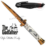 Stiletto Switchblade Knife Automatic Classic Italian Style Godfather Knives - Gold Marble White Pearl Handle (BEST Spring)