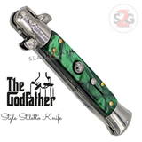 Godfather Stiletto Knife Automatic Classic Italian Style Switchblade Knives - Marble Green Pearl Handle (BEST Spring)