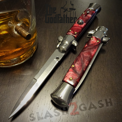 Godfather Stiletto Knife Italian Style Classic Switchblade Automatic Knives - Marble Red Pearl (UPGRADED Spring)