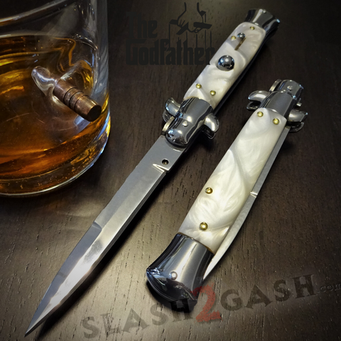 Godfather Stiletto Knife Italian Style Classic Switchblade Automatic Knives - Marble White Pearl (UPGRADED Spring)