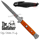 Godfather Stiletto Knife Automatic Classic Italian Style Switchblade Knives - Damascus Rosewood (BEST Spring)