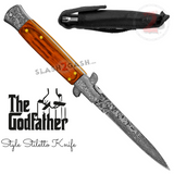 Godfather Stiletto Knife Automatic Classic Italian Style Switchblade Knives - Damascus Rosewood (BEST Spring)