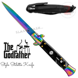 Godfather Stiletto Knife Automatic Classic Italian Style Switchblade Knives - Titanium Rainbow Marble Black Pearl (BEST Spring)
