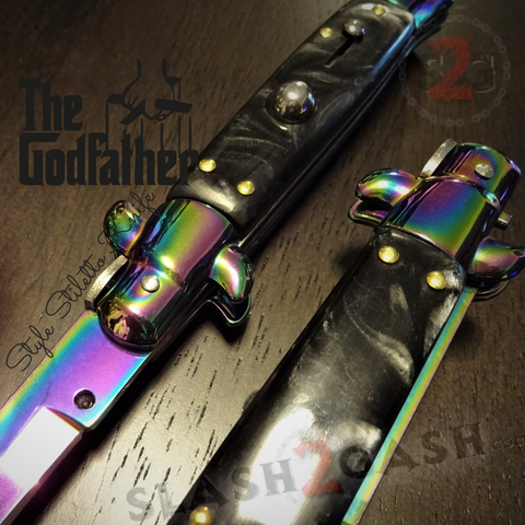 Godfather Stiletto Knife Italian Style Classic Switchblade Automatic Knives - Rainbow Marble Black Pearl (UPGRADED Spring) slash2gash S2G