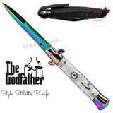 Godfather Stiletto Knife Automatic Classic Italian Style Switchblade Knives - Titanium Rainbow Marble White Pearl (BEST Spring)