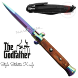 Godfather Stiletto Knife Italian Style Classic Switchblade Automatic Knives - Titanium Rainbow Rosewood (UPGRADED Spring) slash2gash S2G