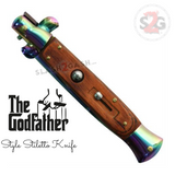 Godfather Stiletto Knife Italian Style Classic Switchblade Automatic Knives - Titanium Rainbow Rosewood (UPGRADED Spring) Handle