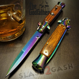 Godfather Stiletto Knife Automatic Classic Italian Style Switchblade Knives - Titanium Rainbow Rosewood (BEST Spring) slash2gash S2G