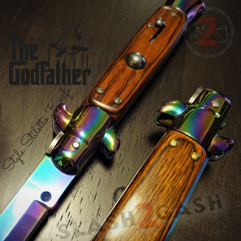 Godfather Stiletto Knife Italian Style Classic Switchblade Automatic Knives - Titanium Rainbow Rosewood (UPGRADED Spring) slash2gash S2G