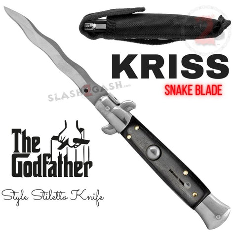 Black Wood  KRISS Switchblade Italian Stiletto Automatic Knife - Snake Blade Wavy