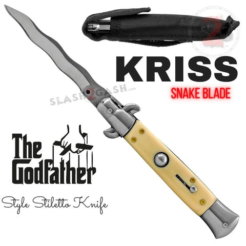 KRISS Switchblade Italian Stiletto Automatic Knife - Snake Blade Wavy, Faux Bone (white)