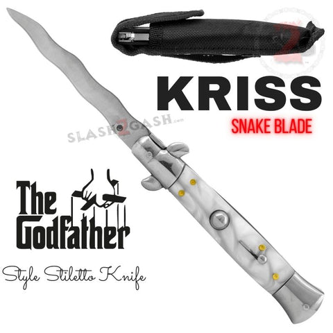 KRISS Switchblade Italian Stiletto Automatic Knife - Snake Blade Wavy, Marble White Pearl