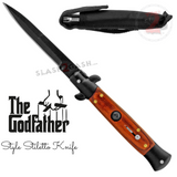Black Blade Stiletto Switchblade Knife Automatic Classic Italian Style Godfather Knives - Rosewood Handle (BEST Spring)
