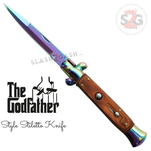 Godfather Stiletto Automatic Knife Classic Switchblade - Titanium Rainbow Rosewood Italian Mafia
