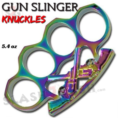 Wild West Gunslinger Belt Buckle Paperweight - Black Rainbow Knuckles Pistol crossed Revolvers Titanium