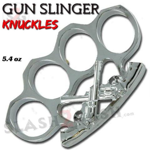 Wild West Gunslinger Belt Buckle Paperweight - Silver Knuckles Pistol crossed Revolvers Chrome