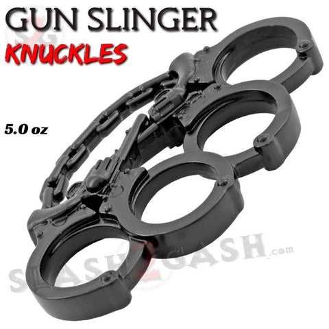 Revolver Pistol Knuckles Black Gunslinger Belt Buckle Handcuffs Paper Weight w/ Chain Chrome