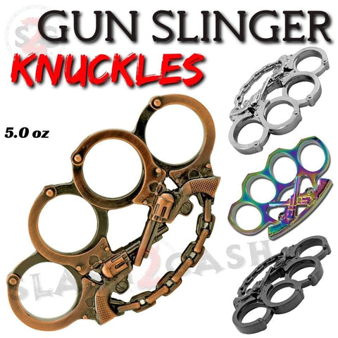 Pistol Revolver Knuckles Gunslinger Belt Buckle Handcuffs Paper Weight w/ Chain - Black silver rainbow bronze Wild West