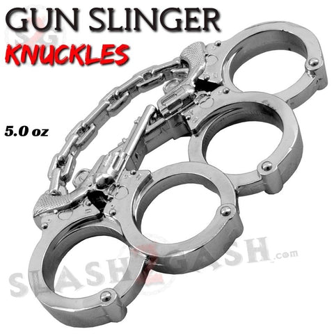 Revolver Pistol Knuckles Silver Gunslinger Belt Buckle Handcuffs Paper Weight w/ Chain Chrome