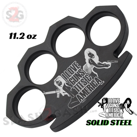 Guns, Tits and America - Steam Punk Brass Knuckles Paper Weight - 11.2 oz Solid Steel