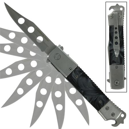 Hidden Release Dual Action Automatic Knife Silver Marble Black Pearl - Louisiana Gator