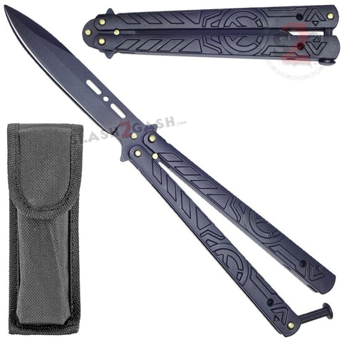 Hieroglyphic Butterfly Knife Riveted Unique Balisong - Black Cool New Pattern Flip Knives