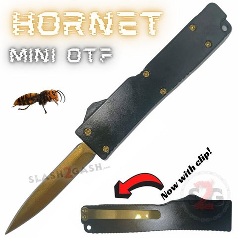 Double Edge Mini Out The Front Knife with Clip Small Automatic Key Chain Knives California Legal - Black With Gold Blade Hornet