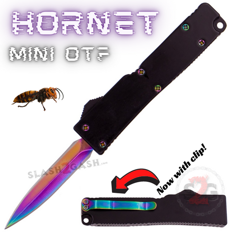 Black Key Chain Dagger Mini Out The Front Knife Rainbow Blade with Clip Cali-Legal - Hornet