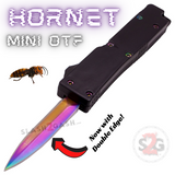 Double Edge Mini Out The Front Knife Rainbow Blade with Clip Small Automatic Key Chain Knives - Black Hornet