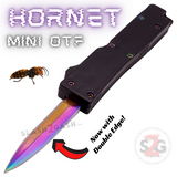 Black Key Chain Double Edge Mini Out The Front Knife Rainbow Blade with Clip Cali-Legal - Hornet Keychain