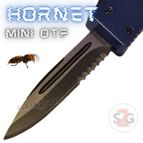 California Legal Mini Out The Front Knife Small Automatic Switchblade Key Chain Knives - Blue Hornet Serrated