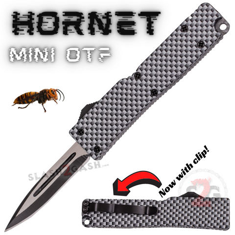 Carbon Fiber Switchblade Dagger Mini Out The Front Knife with Clip Small Automatic Knives Cali-Legal - Hornet Keychain