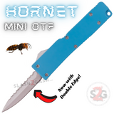 Double Edge Serrated Mini Out The Front Knife Satin Blade with Clip Small Automatic Key Chain Knives - Teal Hornet