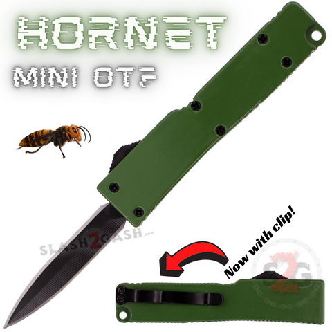 OD Green Switchblade Dagger Mini Out The Front Knife with Clip Small Automatic Knives Cali-Legal - Hornet Keychain