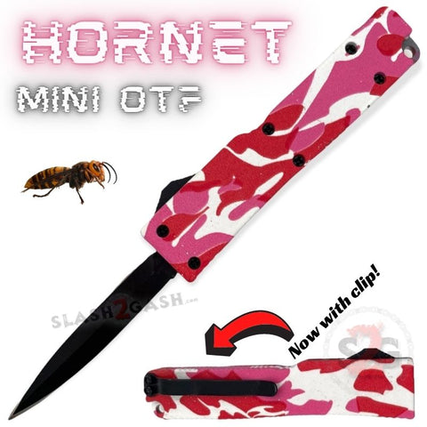 Keychain Mini OTF Knife Switchblade Dagger w/ Clip - Pink Camo Hornet