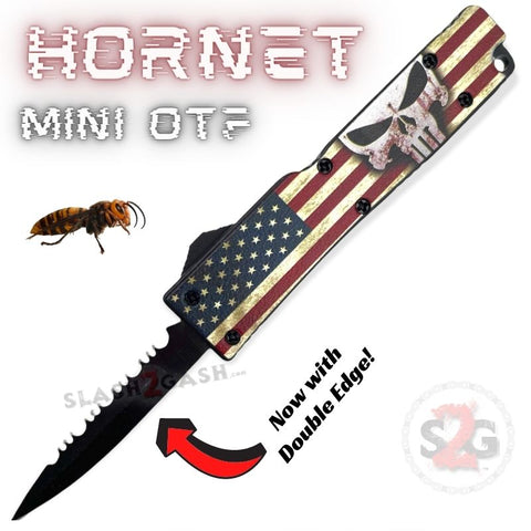 Keychain Mini OTF Knife Switchblade Dagger w/ Clip - Punisher Flag