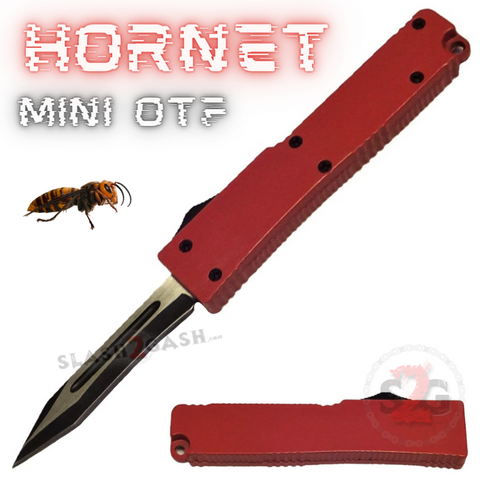 Red Mini OTF California Legal Out The Front Knife Small Automatic Switchblade Key Chain Knives - Hornet Recurve
