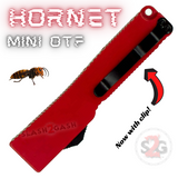 Double Edge Mini Out The Front Knife Black Blade with Clip Small Automatic Key Chain Knives - Red Hornet