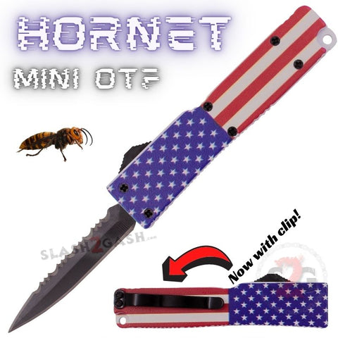 Keychain Mini OTF Knife Switchblade Dagger w/ Clip - USA Flag Hornet
