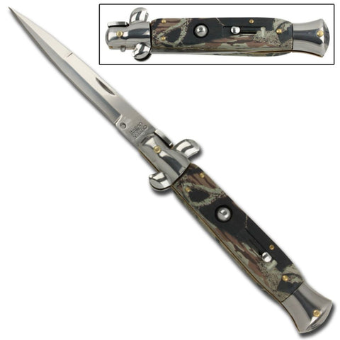 10" Grande Italian Milano Stiletto Classic Automatic Knife - Silver Camoflage Real Tree Switchblade