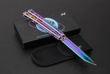 Tanto Butterfly Knife w/ Slight Curve Spring Latch 440C Mirror Finish - Rainbow Titanium