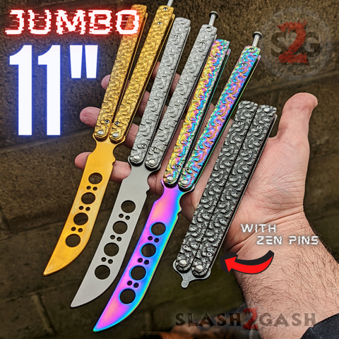 JUMBO Butterfly Knife TRAINER Balisong w/ Zen Pins + Spring Latch - Gold, Silver, Rainbow, Black