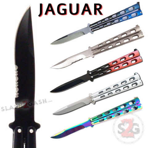 Jaguar HEAVY Butterfly Knife Big Fat Balisong - Black Serrated Plain Chrome Silver Rainbow Fade Red Fade Blue Riveted Knuckle Banger