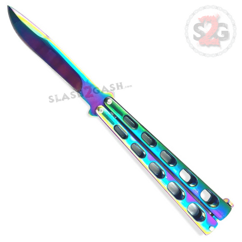 Jaguar HEAVY Butterfly Knife Big Fat Balisong - Rainbow Plain Titanium Blade Riveted Knuckle Banger