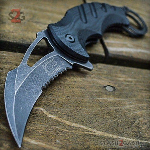 Karambit Claw Spring Assisted Folding Knife Stonewashed Serrated - Black G10 Combat Tactical Knives